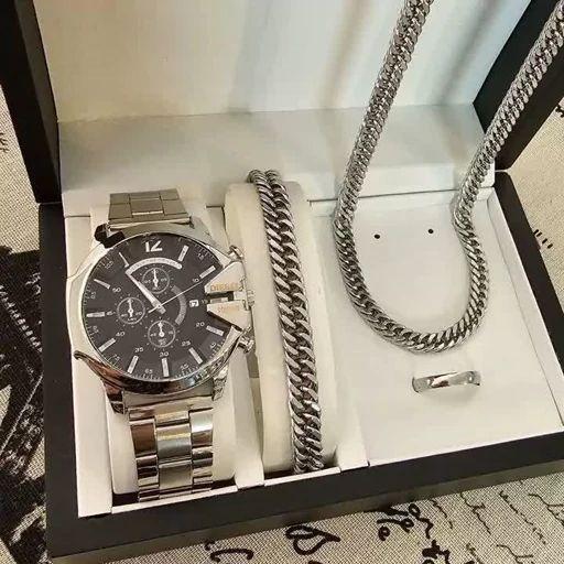 ساعت مردانه همراه با دستبند و گردنبند و حلقه