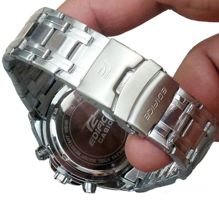 casio edifice ساعت مردانه سه موتور فعال موتور ضداب گرید A++ دارای روزشمار قاب دوار شیشهای در قاب پشت ساعت پیچ تنظیم قفلی بند و قفل استیل رنگ ثابت شیشه کریستال ضدخش
