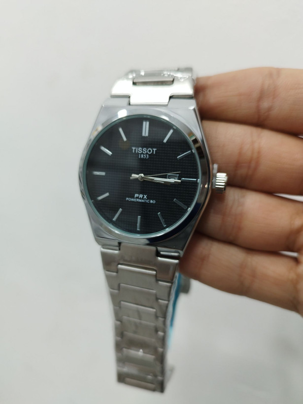 کد 2876 مردانه تیسوت PRX باکیفیت بند استیل طراحی خاص، زیبا قفل پروانه ای مخفی موتور کوارتز دارای روز شمار دارای رنگ بندی 