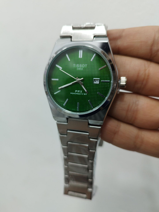 کد 2876 مردانه تیسوت PRX باکیفیت بند استیل طراحی خاص، زیبا قفل پروانه ای مخفی موتور کوارتز دارای روز شمار دارای رنگ بندی 