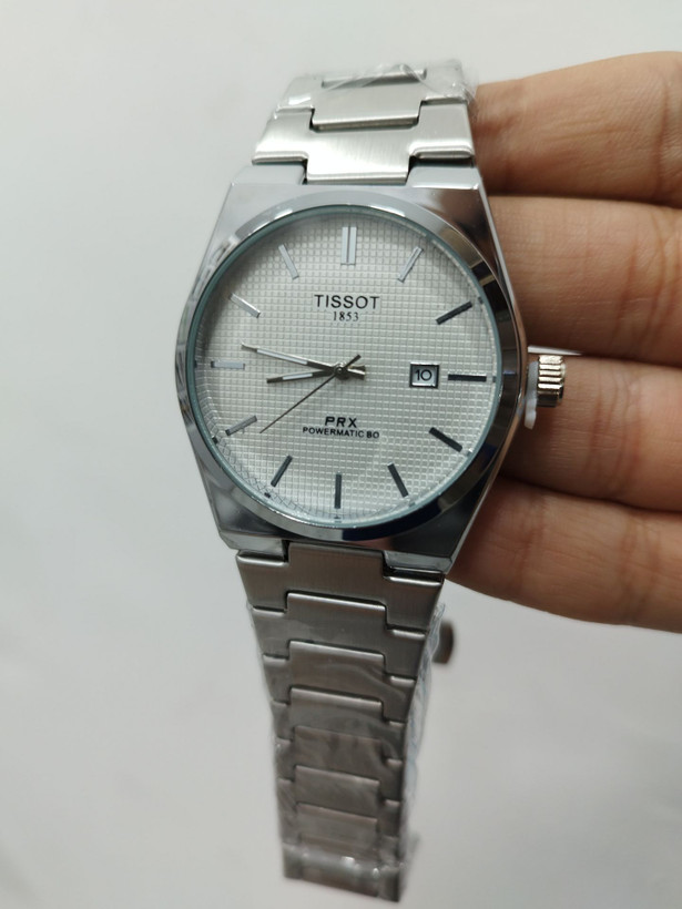 کد 2876 مردانه تیسوت PRX باکیفیت بند استیل طراحی خاص، زیبا قفل پروانه ای مخفی موتور کوارتز دارای روز شمار دارای رنگ بندی 