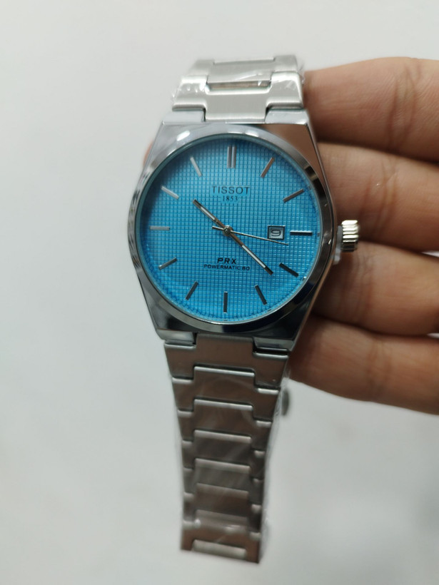 کد 2876 مردانه تیسوت PRX باکیفیت بند استیل طراحی خاص، زیبا قفل پروانه ای مخفی موتور کوارتز دارای روز شمار دارای رنگ بندی 
