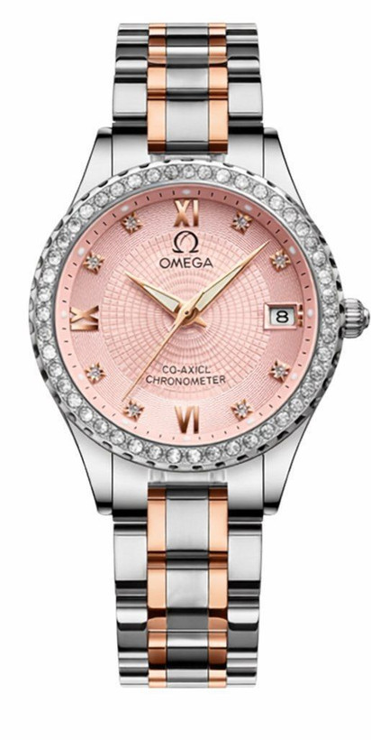omega قطر صفحه ۳۰ میلی متر موتور ژاپن دارای روزشمار قاب نگین دار بند و قفل استیل شیشه کریستال حک لوگو برروی دسته موتور