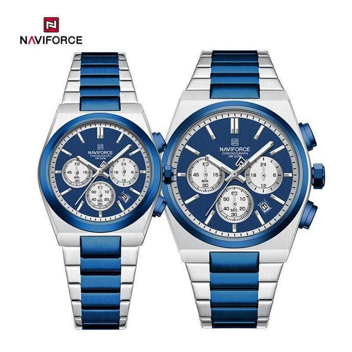 Naviforce 8048 Original موتور ژاپن 3موتور کرنوگراف ضدآب بند و قفل استیل رنگ ثابت شیشه کریستال ضدخش حک لوگو برروی دسته موتور