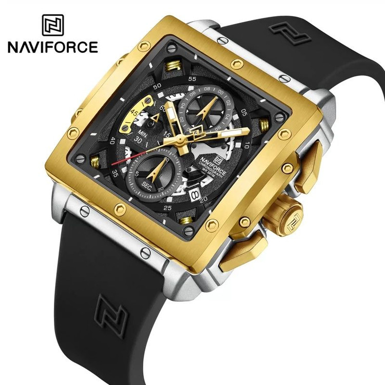 NAVIFORCE 8064 original سه موتور فعال آنالوگ تاریخشمار عقربه شبتاب کرنوگراف نشانگر روز و شب عقربه ها شب تاب شیشه کریستالی مقاوم در برابر ضربه و خش قفل استیل ضد آب 3ATM در حد دست شستن کارت گارانتی بین المللی