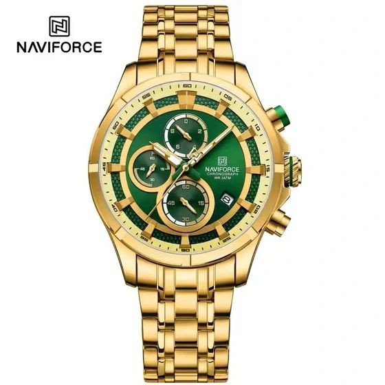Naviforce 8046 Original مردانه موتور ژاپن 3موتور کرنوگراف ضدآب بند و قفل استیل رنگ ثابت شیشه کریستال ضدخش حک لوگو برروی دسته موتور