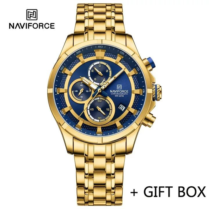 Naviforce 8046 Original مردانه موتور ژاپن 3موتور کرنوگراف ضدآب بند و قفل استیل رنگ ثابت شیشه کریستال ضدخش حک لوگو برروی دسته موتور