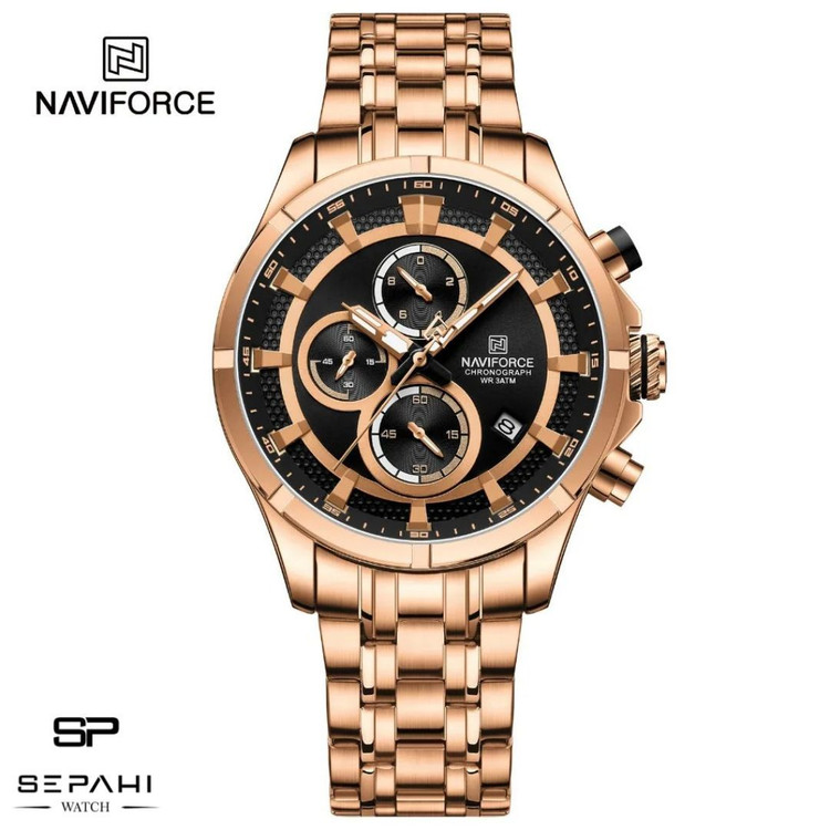 Naviforce 8046 Original مردانه موتور ژاپن 3موتور کرنوگراف ضدآب بند و قفل استیل رنگ ثابت شیشه کریستال ضدخش حک لوگو برروی دسته موتور