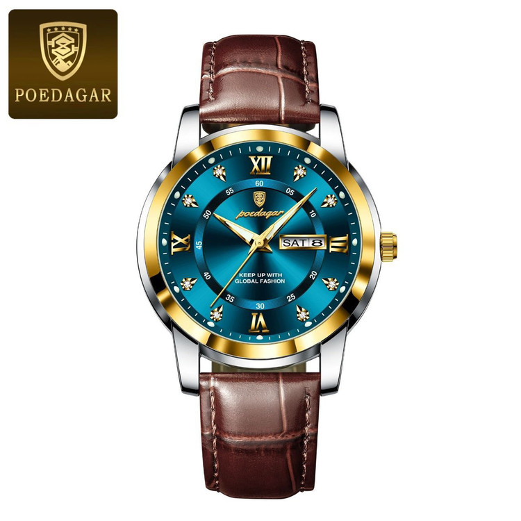 🔘 POEDAGAR 《highe quality》 پوداگار مدلی نو مقاوم دربرابر آب🏊♂💦 رفرانس ۷۰۴۵ بندچرمی دارای روز شمار ایام هفته صفحه الماسی شب نما قفل کمربندی شیشه سافایر