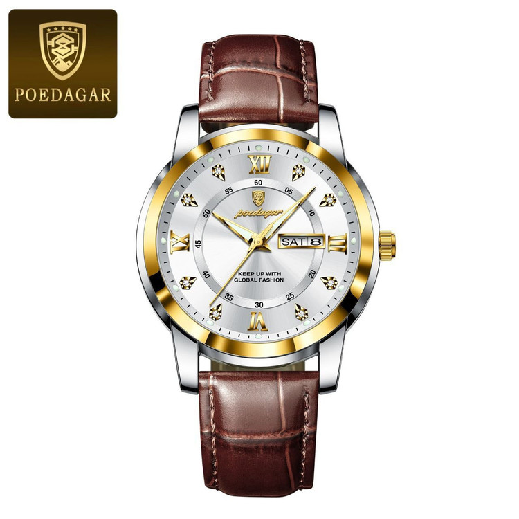 🔘 POEDAGAR 《highe quality》 پوداگار مدلی نو مقاوم دربرابر آب🏊♂💦 رفرانس ۷۰۴۵ بندچرمی دارای روز شمار ایام هفته صفحه الماسی شب نما قفل کمربندی شیشه سافایر