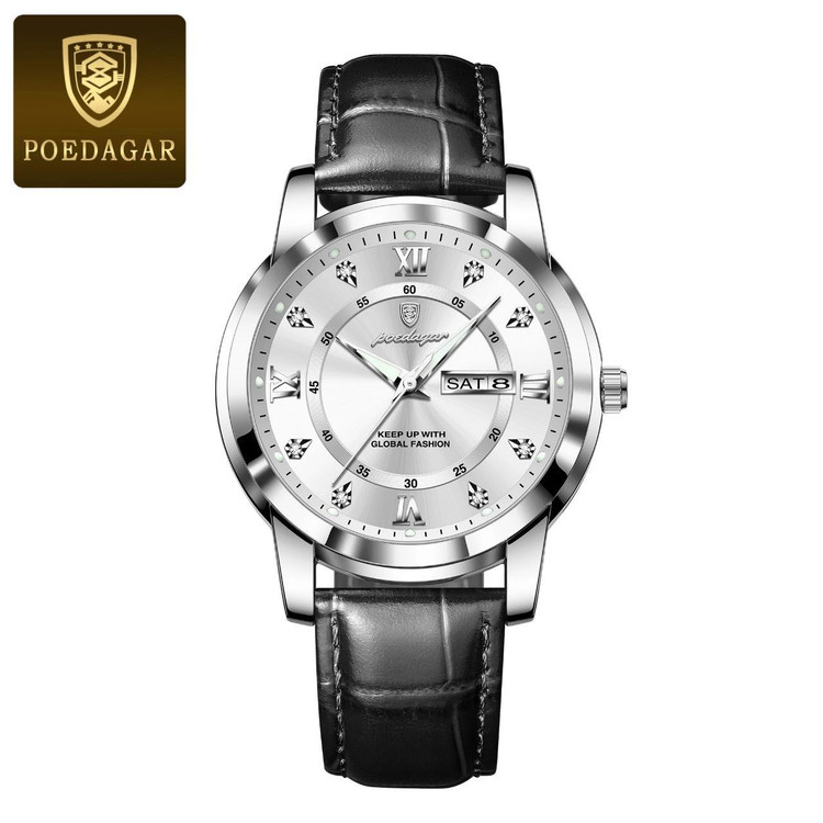 🔘 POEDAGAR 《highe quality》 پوداگار مدلی نو مقاوم دربرابر آب🏊♂💦 رفرانس ۷۰۴۵ بندچرمی دارای روز شمار ایام هفته صفحه الماسی شب نما قفل کمربندی شیشه سافایر