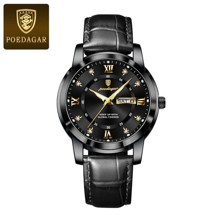 🔘 POEDAGAR 《highe quality》 پوداگار مدلی نو مقاوم دربرابر آب🏊♂💦 رفرانس ۷۰۴۵ بندچرمی دارای روز شمار ایام هفته صفحه الماسی شب نما قفل کمربندی شیشه سافایر