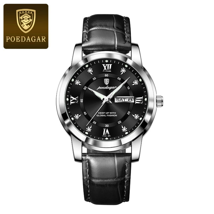 🔘 POEDAGAR 《highe quality》 پوداگار مدلی نو مقاوم دربرابر آب🏊♂💦 رفرانس ۷۰۴۵ بندچرمی دارای روز شمار ایام هفته صفحه الماسی شب نما قفل کمربندی شیشه سافایر