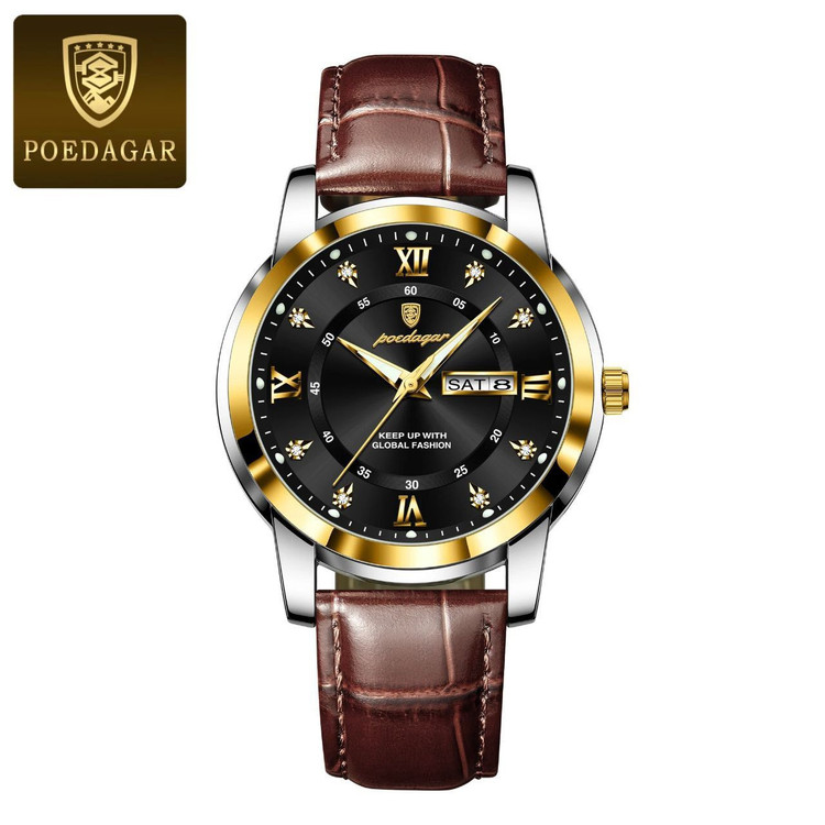 🔘 POEDAGAR 《highe quality》 پوداگار مدلی نو مقاوم دربرابر آب🏊♂💦 رفرانس ۷۰۴۵ بندچرمی دارای روز شمار ایام هفته صفحه الماسی شب نما قفل کمربندی شیشه سافایر