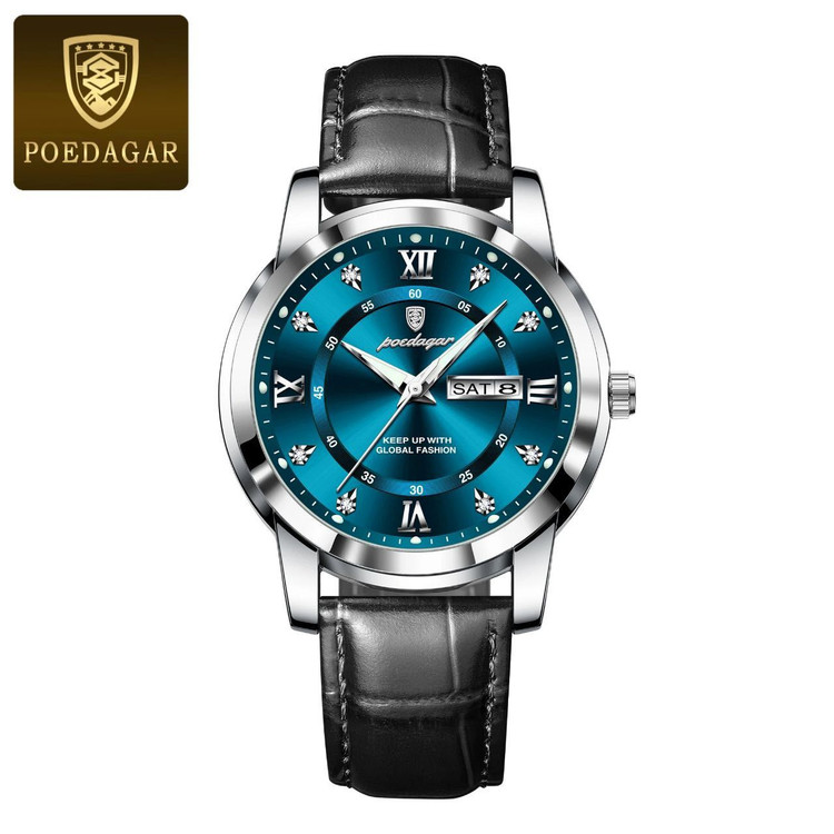 🔘 POEDAGAR 《highe quality》 پوداگار مدلی نو مقاوم دربرابر آب🏊♂💦 رفرانس ۷۰۴۵ بندچرمی دارای روز شمار ایام هفته صفحه الماسی شب نما قفل کمربندی شیشه سافایر