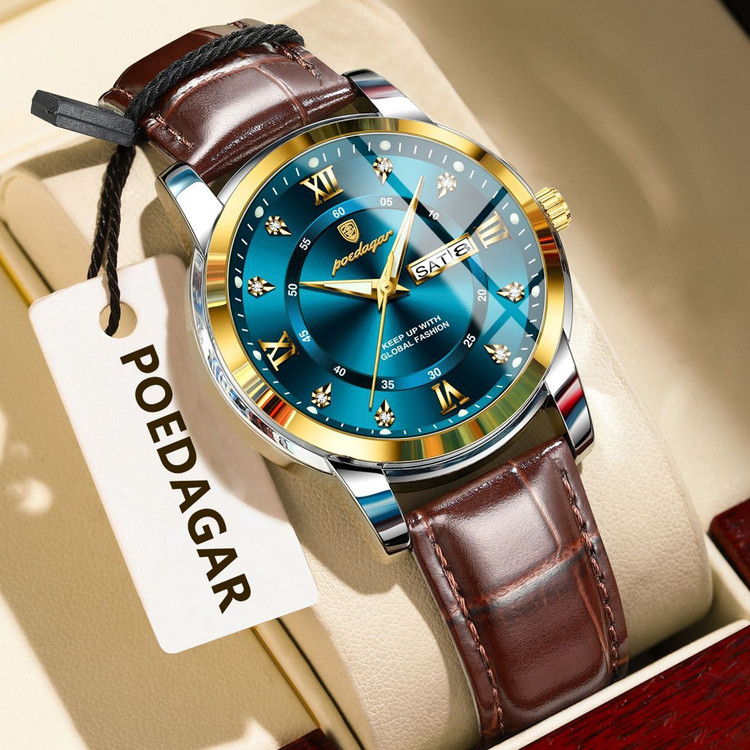 🔘 POEDAGAR 《highe quality》 پوداگار مدلی نو مقاوم دربرابر آب🏊♂💦 رفرانس ۷۰۴۵ بندچرمی دارای روز شمار ایام هفته صفحه الماسی شب نما قفل کمربندی شیشه سافایر