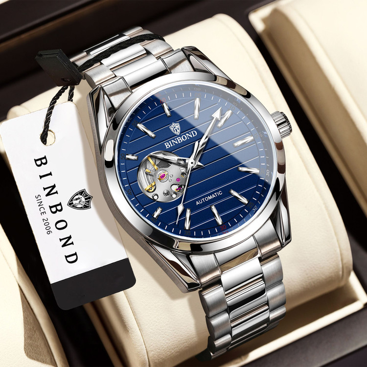 ☑️BIN BOND 《highe quality》 Original watch ⌚️بین باند مدلی نو مناسب آقایان سبک تجاری موتور اتوماتیک مقاوم دربرابر آب برندشرکتی اوریجینال پشت قاب نمایشگر موتور کارت گارانتی ضخامت ۱۴میل قطر صفحه ۴۳میل بند استیل فولاد شیشه سافایر شب نما قفل