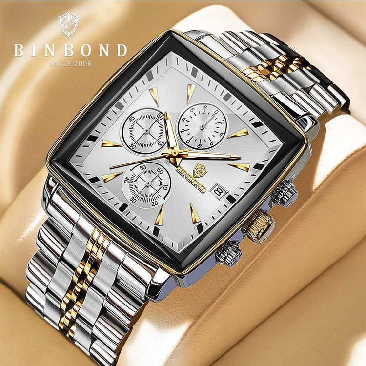 ☑️BIN BOND 《highe quality》 Original watch ⌚️بین باند مدلی نو مناسب آقایان مقاوم دربرابر آب کرنوگراف برندشرکتی اوریجینال کارت گارانتی دارای روز شمار ضخامت ۱۱میل قطر صفحه ۴۰.۵میل بند استیل فولاد شیشه سافایر شب نما قفل دو پروانه موتور کوارتز