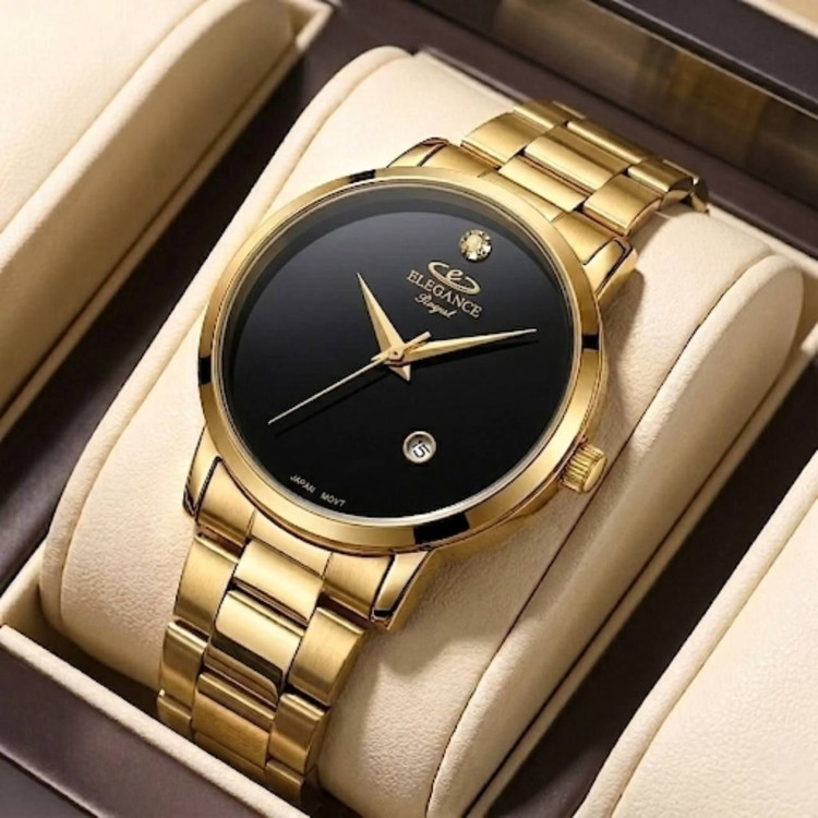 ☑️ELEGANCE new collection ✨️ ⌚️ الگانس رایال دارای روز شمار قفل کلیپسی بنداستیل رنگ طلایی موتور کوارتز صفحه مشکی