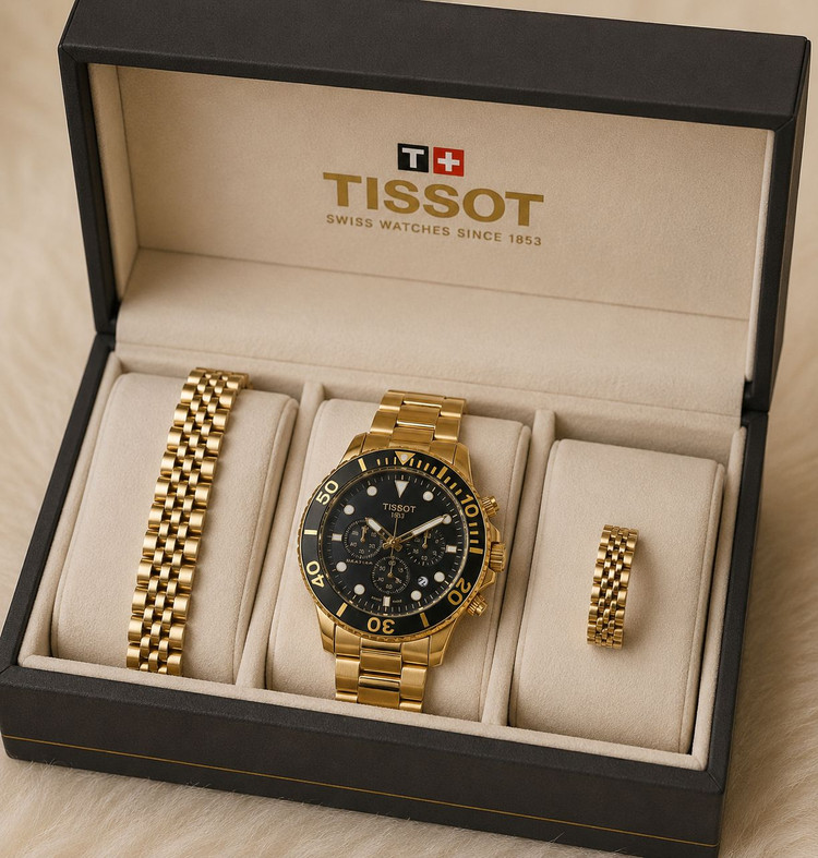 TISSOT prs516 سه موتور کرنوگراف موتور ژاپن دارای روز شمار قفل استیل پروانه ای (مخفی) بند استیل رنگ ثابت موتورکوارتز کرنو ضدآب قاب طلایی