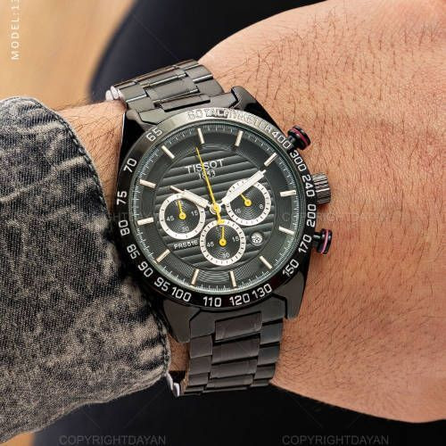 TISSOT prs516 سه موتور کرنوگراف موتور ژاپن دارای روز شمار قفل استیل پروانه ای (مخفی) بند استیل رنگ ثابت موتورکوارتز کرنو ضدآب قاب طلایی کرنوگراف