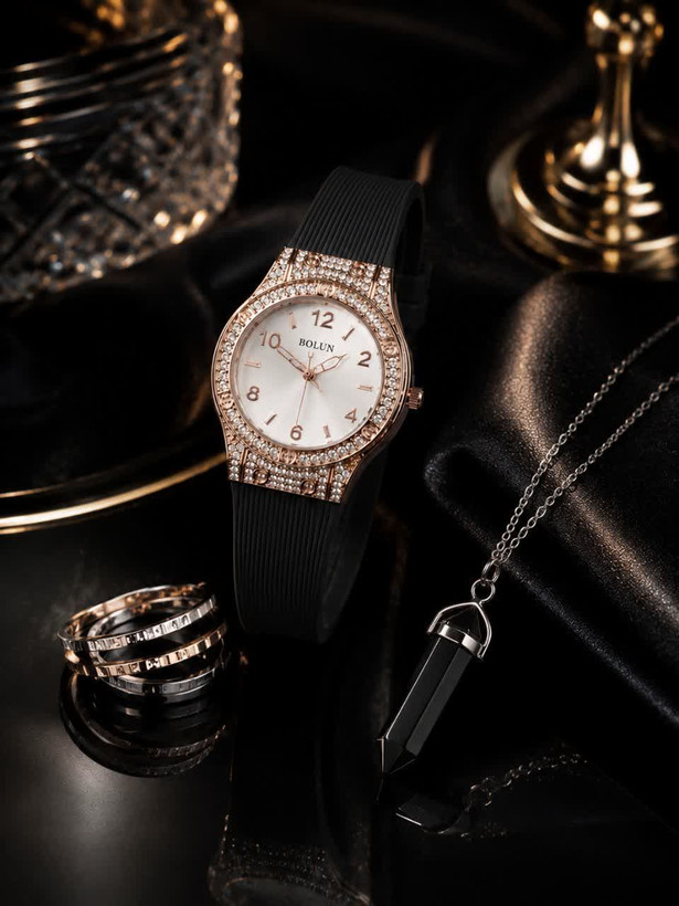Hublot طرح Bolun ساعت زنانه طرح هابلوت طرح موتور کوارتز بند رابر رویه کبریتی قاب فلزی نگین دار