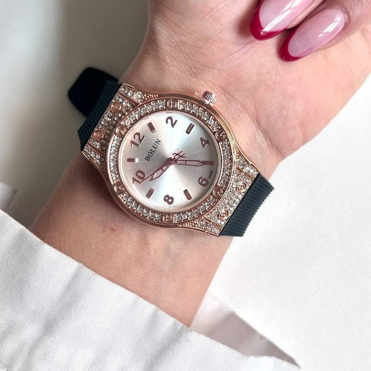 Hublot طرح Bolun ساعت زنانه طرح هابلوت طرح موتور کوارتز بند رابر رویه کبریتی قاب فلزی نگین دار