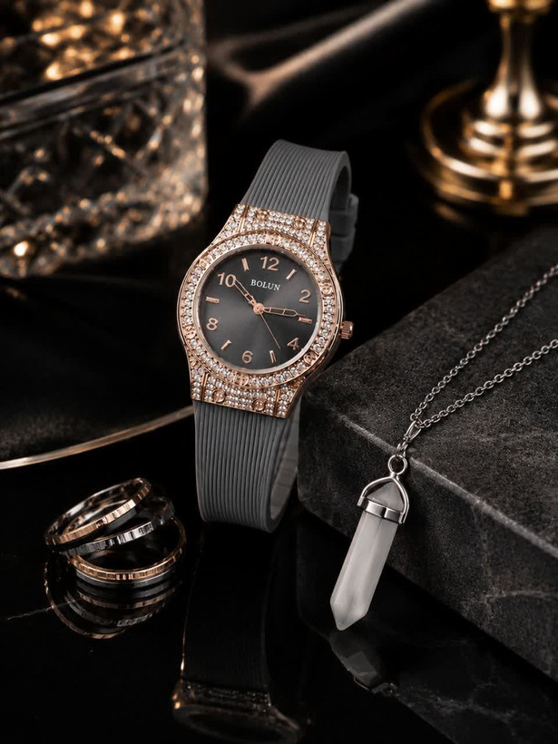 Hublot طرح Bolun ساعت زنانه طرح هابلوت طرح موتور کوارتز بند رابر رویه کبریتی قاب فلزی نگین دار