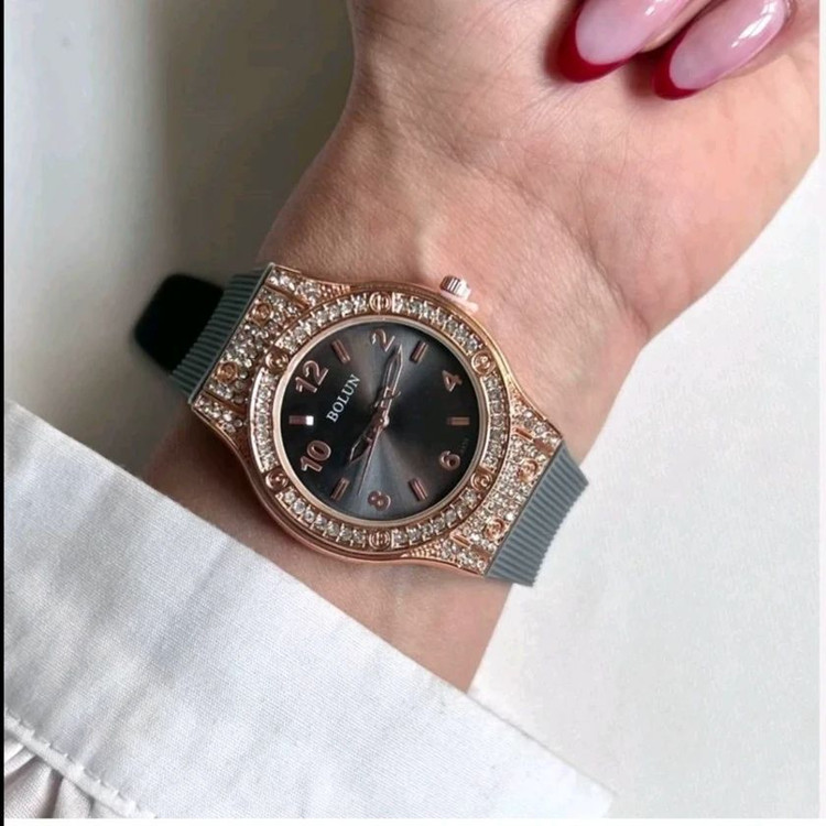 Hublot طرح Bolun ساعت زنانه طرح هابلوت طرح موتور کوارتز بند رابر رویه کبریتی قاب فلزی نگین دار