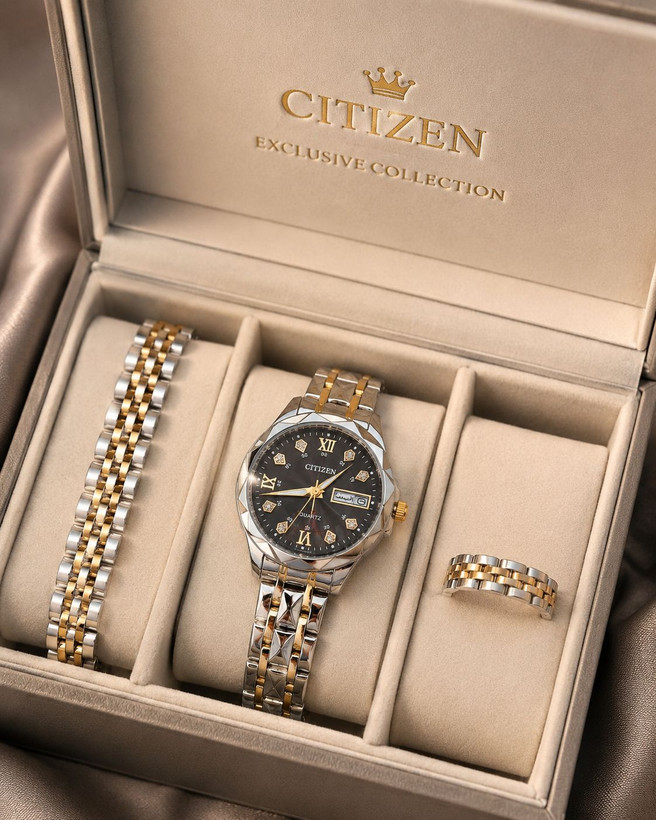 CITIZEN SEIKO For women ساع بند استیل طرح #الماس موتور کوارتز شرکتی دو تقویم (نمایش ایام ماه و هفته) بند استیل رنگ ثابت شیشه کریستال نشکن ضدآب