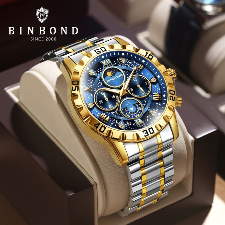 ☑️BIN BOND VIP Original watch 《highe quality》 بین باند الماسی نو نمایش روز ماه صفحه کهکشانی شب نما برند شرکتی دارای روز شمار کرنوگراف بندفولادی ضد زنگ مقاوم دربرابر آب رنگ ثابت قفل کلیپسی موتور کوارتز شرکتی خاص وجذاب