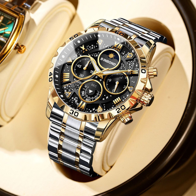 ☑️BIN BOND VIP Original watch 《highe quality》 بین باند الماسی نو نمایش روز ماه صفحه کهکشانی شب نما برند شرکتی دارای روز شمار کرنوگراف بندفولادی ضد زنگ مقاوم دربرابر آب رنگ ثابت قفل کلیپسی موتور کوارتز شرکتی خاص وجذاب