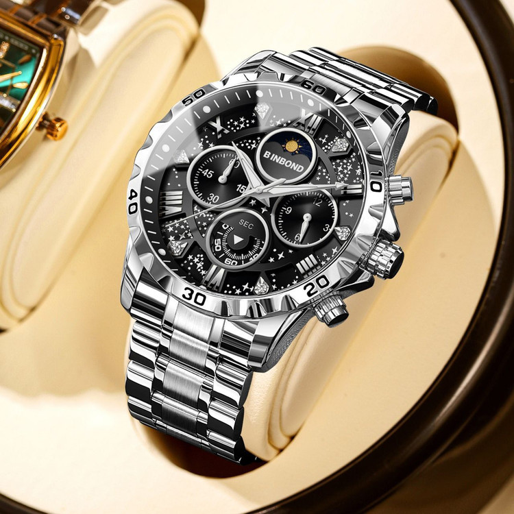 ☑️BIN BOND VIP Original watch 《highe quality》 بین باند الماسی نو نمایش روز ماه صفحه کهکشانی شب نما برند شرکتی دارای روز شمار کرنوگراف بندفولادی ضد زنگ مقاوم دربرابر آب رنگ ثابت قفل کلیپسی موتور کوارتز شرکتی خاص وجذاب