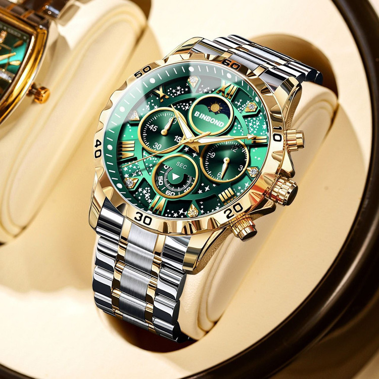 ☑️BIN BOND VIP Original watch 《highe quality》 بین باند الماسی نو نمایش روز ماه صفحه کهکشانی شب نما برند شرکتی دارای روز شمار کرنوگراف بندفولادی ضد زنگ مقاوم دربرابر آب رنگ ثابت قفل کلیپسی موتور کوارتز شرکتی خاص وجذاب