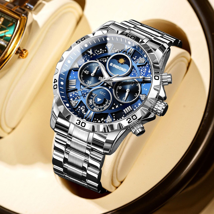 ☑️BIN BOND VIP Original watch 《highe quality》 بین باند الماسی نو نمایش روز ماه صفحه کهکشانی شب نما برند شرکتی دارای روز شمار کرنوگراف بندفولادی ضد زنگ مقاوم دربرابر آب رنگ ثابت قفل کلیپسی موتور کوارتز شرکتی خاص وجذاب