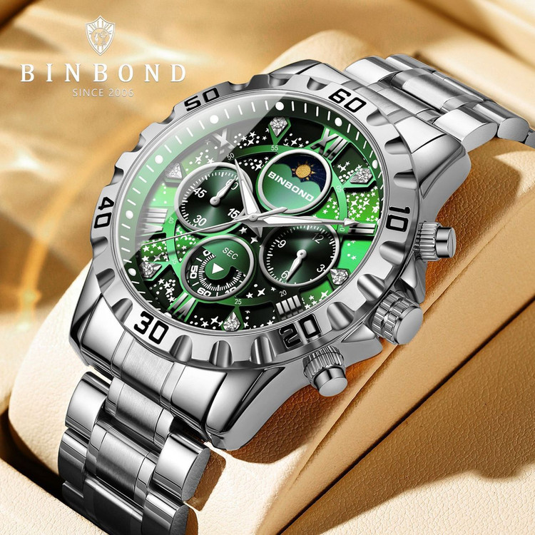☑️BIN BOND VIP Original watch 《highe quality》 بین باند الماسی نو نمایش روز ماه صفحه کهکشانی شب نما برند شرکتی دارای روز شمار کرنوگراف بندفولادی ضد زنگ مقاوم دربرابر آب رنگ ثابت قفل کلیپسی موتور کوارتز شرکتی خاص وجذاب