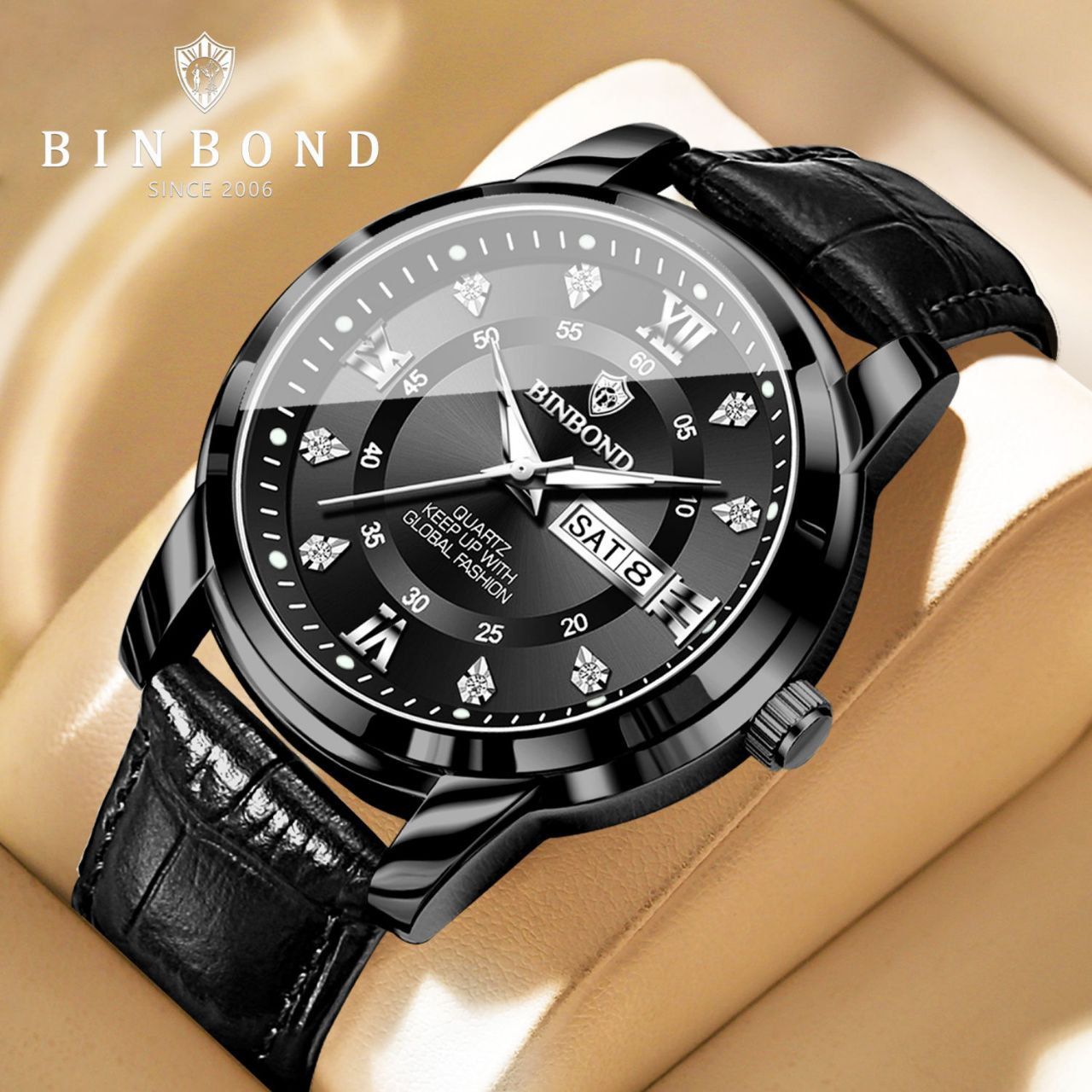 ☑️BIN BOND  Original watch 🫆   《highe quality》                       ⌚️بین باند مدلی نو🫶   مقاوم دربرابر آب🏊‍♂💦   رفرانس ۷۰۴۵  بندچرمی دارای روز شمار  ایام هفته  صفحه الماسی   شب نما قفل کمربندی  شیشه سافایر