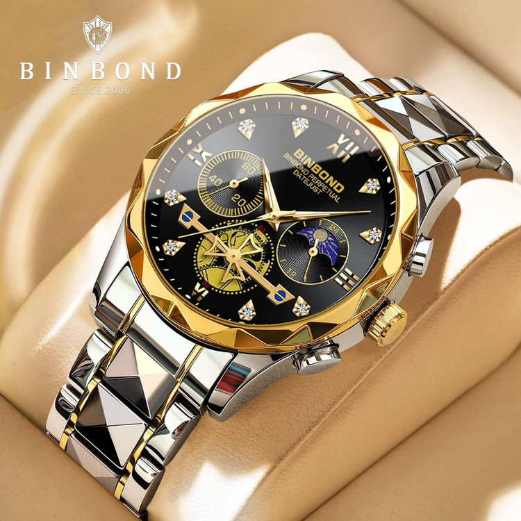 ☑️BIN BOND 《highe quality》 Original watch ⌚️بین باند مدلی نو مردونه پرطرفدار مقاوم دربرابر آب برندشرکتی اوریجینال کارت گارانتی نمایش مون استار شب نما کرنوگراف دارای روز شمار ایام هفته بند استیل فولاد شیشه سافایر قفل دو پروانه موتور کوارتز
