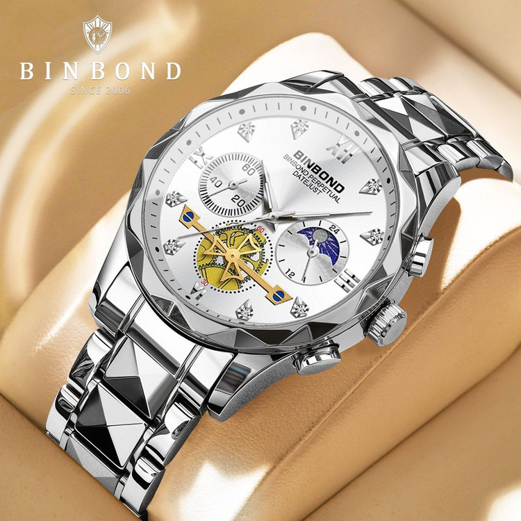 ☑️BIN BOND 《highe quality》 Original watch ⌚️بین باند مدلی نو مردونه پرطرفدار مقاوم دربرابر آب برندشرکتی اوریجینال کارت گارانتی نمایش مون استار شب نما کرنوگراف دارای روز شمار ایام هفته بند استیل فولاد شیشه سافایر قفل دو پروانه موتور کوارتز