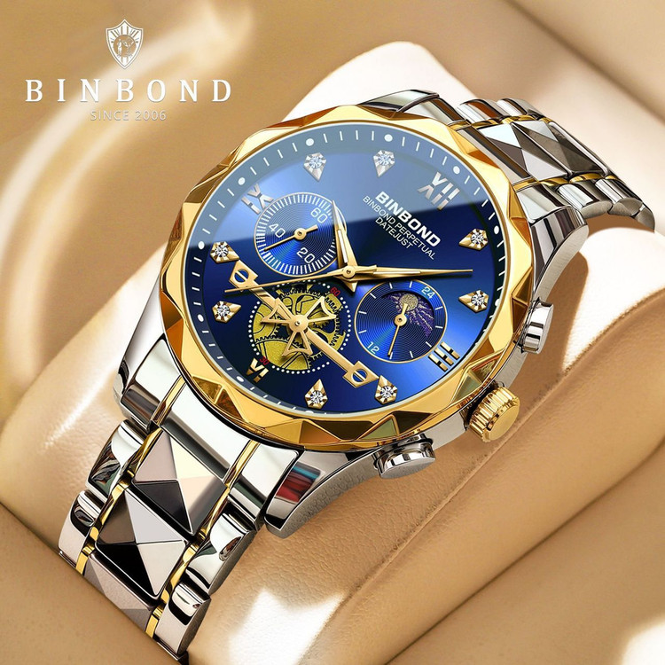 ☑️BIN BOND 《highe quality》 Original watch ⌚️بین باند مدلی نو مردونه پرطرفدار مقاوم دربرابر آب برندشرکتی اوریجینال کارت گارانتی نمایش مون استار شب نما کرنوگراف دارای روز شمار ایام هفته بند استیل فولاد شیشه سافایر قفل دو پروانه موتور کوارتز