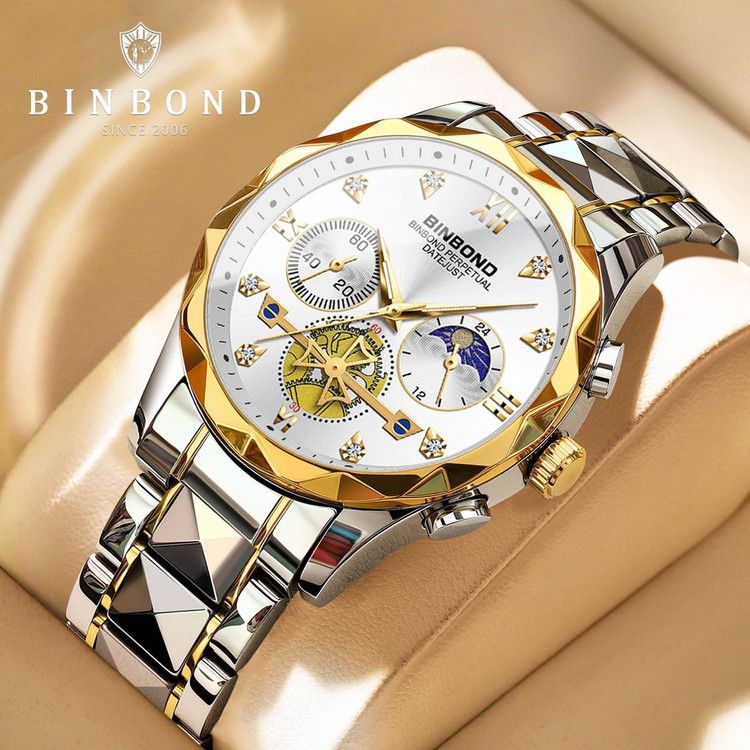 ☑️BIN BOND 《highe quality》 Original watch ⌚️بین باند مدلی نو مردونه پرطرفدار مقاوم دربرابر آب برندشرکتی اوریجینال کارت گارانتی نمایش مون استار شب نما کرنوگراف دارای روز شمار ایام هفته بند استیل فولاد شیشه سافایر قفل دو پروانه موتور کوارتز