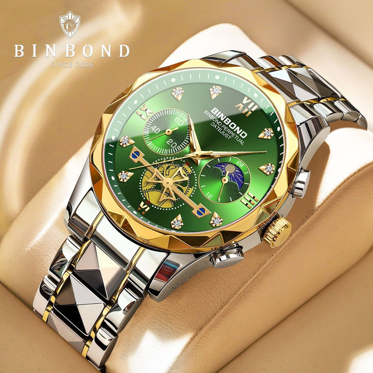 ☑️BIN BOND 《highe quality》 Original watch ⌚️بین باند مدلی نو مردونه پرطرفدار مقاوم دربرابر آب برندشرکتی اوریجینال کارت گارانتی نمایش مون استار شب نما کرنوگراف دارای روز شمار ایام هفته بند استیل فولاد شیشه سافایر قفل دو پروانه موتور کوارتز