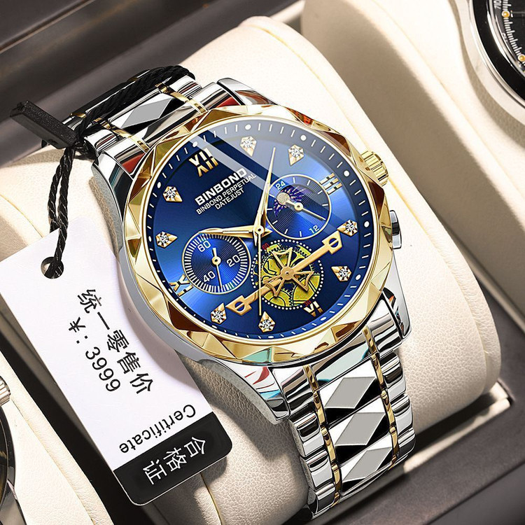 ☑️BIN BOND 《highe quality》 Original watch ⌚️بین باند مدلی نو مردونه پرطرفدار مقاوم دربرابر آب برندشرکتی اوریجینال کارت گارانتی نمایش مون استار شب نما کرنوگراف دارای روز شمار ایام هفته بند استیل فولاد شیشه سافایر قفل دو پروانه موتور کوارتز