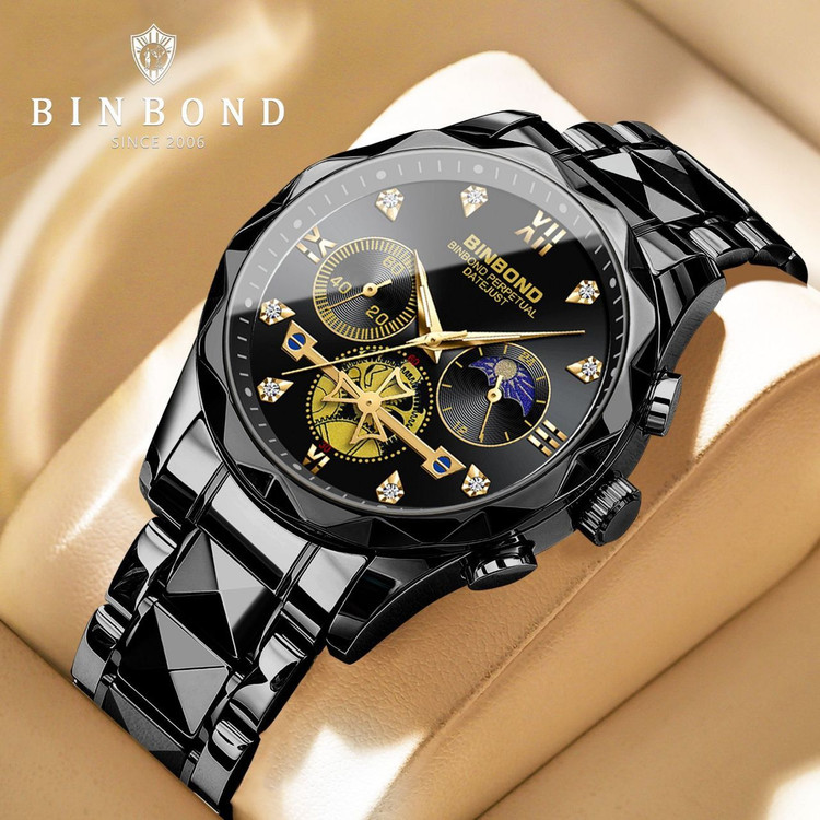 ☑️BIN BOND 《highe quality》 Original watch ⌚️بین باند مدلی نو مردونه پرطرفدار مقاوم دربرابر آب برندشرکتی اوریجینال کارت گارانتی نمایش مون استار شب نما کرنوگراف دارای روز شمار ایام هفته بند استیل فولاد شیشه سافایر قفل دو پروانه موتور کوارتز