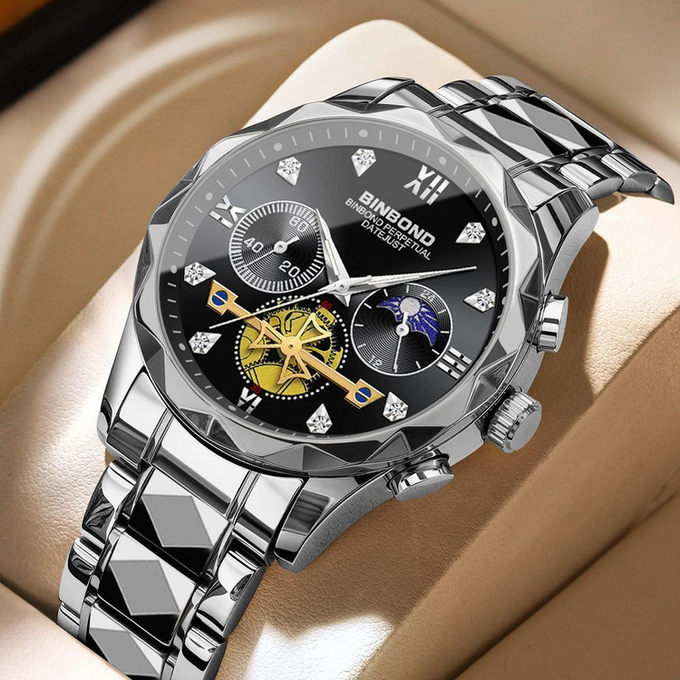 ☑️BIN BOND 《highe quality》 Original watch ⌚️بین باند مدلی نو مردونه پرطرفدار مقاوم دربرابر آب برندشرکتی اوریجینال کارت گارانتی نمایش مون استار شب نما کرنوگراف دارای روز شمار ایام هفته بند استیل فولاد شیشه سافایر قفل دو پروانه موتور کوارتز