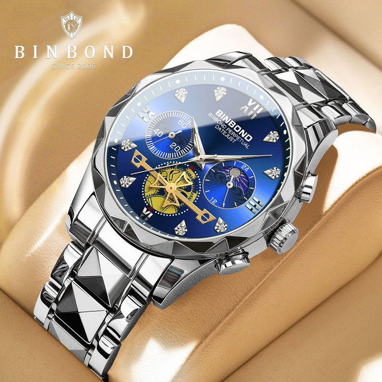 ☑️BIN BOND 《highe quality》 Original watch ⌚️بین باند مدلی نو مردونه پرطرفدار مقاوم دربرابر آب برندشرکتی اوریجینال کارت گارانتی نمایش مون استار شب نما کرنوگراف دارای روز شمار ایام هفته بند استیل فولاد شیشه سافایر قفل دو پروانه موتور کوارتز