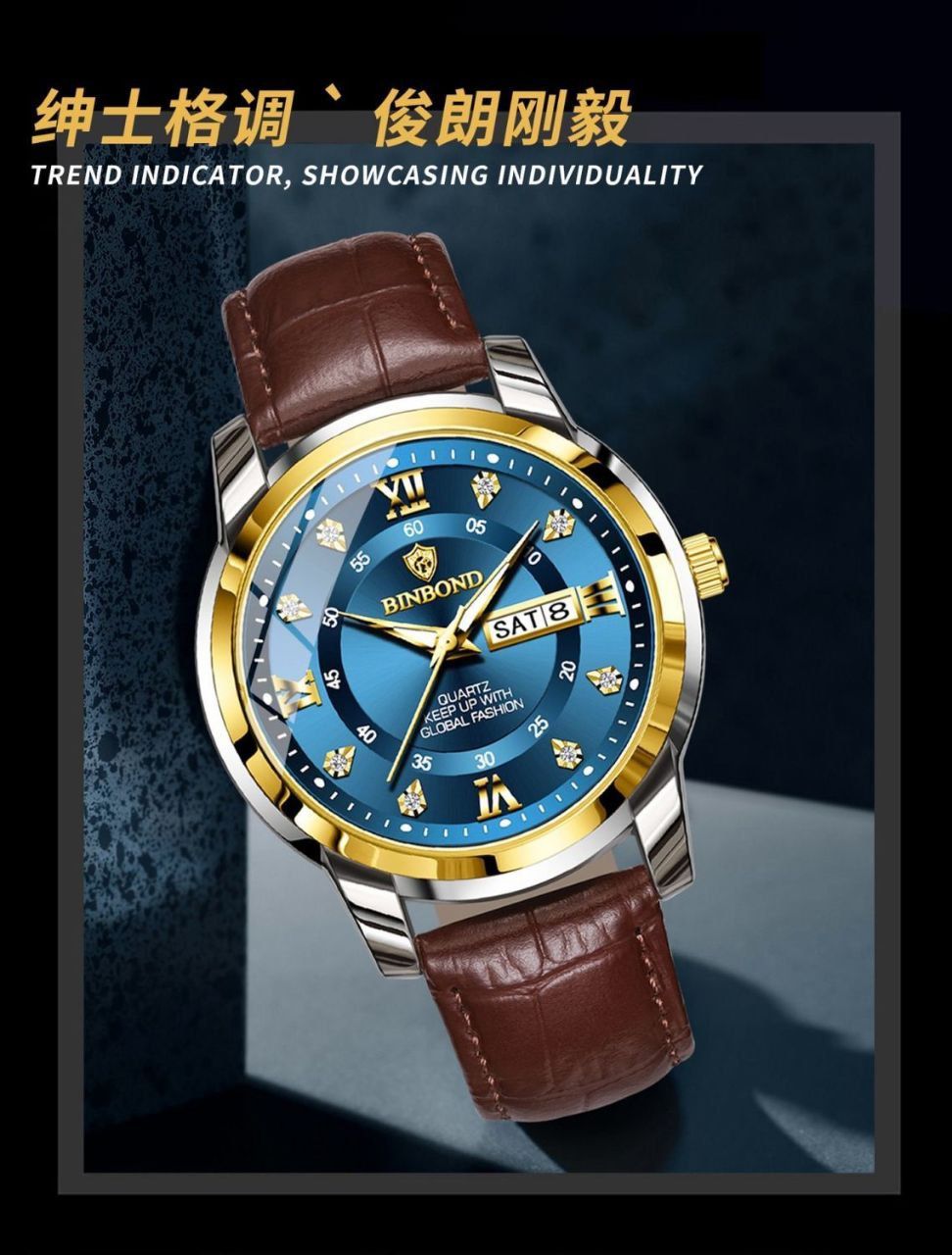 ☑️BIN BOND  Original watch 🫆   《highe quality》                       ⌚️بین باند مدلی نو🫶   مقاوم دربرابر آب🏊‍♂💦   رفرانس ۷۰۴۵  بندچرمی دارای روز شمار  ایام هفته  صفحه الماسی   شب نما قفل کمربندی  شیشه سافایر