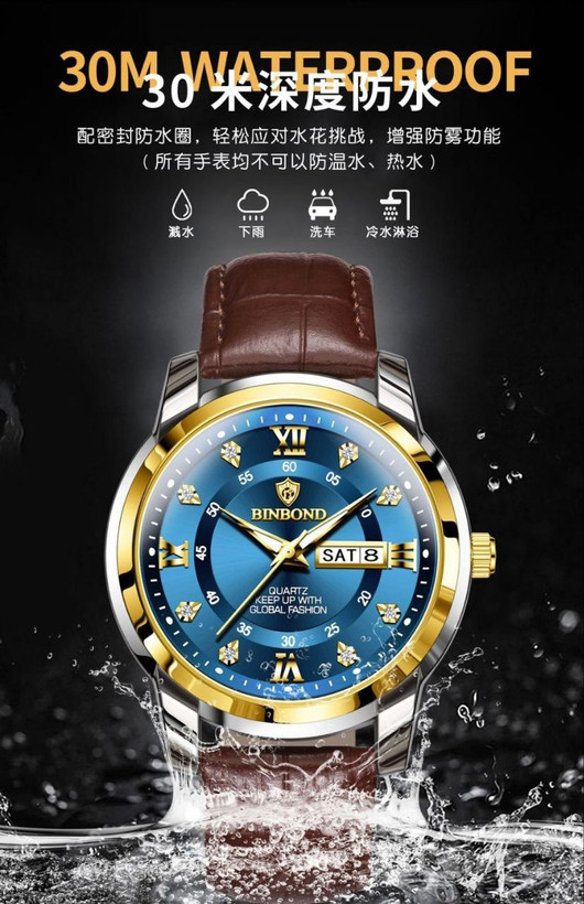 ☑️BIN BOND Original watch 《highe quality》 ⌚️بین باند مدلی نو🫶 مقاوم دربرابر آب🏊♂💦 رفرانس ۷۰۴۵ بندچرمی دارای روز شمار ایام هفته صفحه الماسی شب نما قفل کمربندی شیشه سافایر