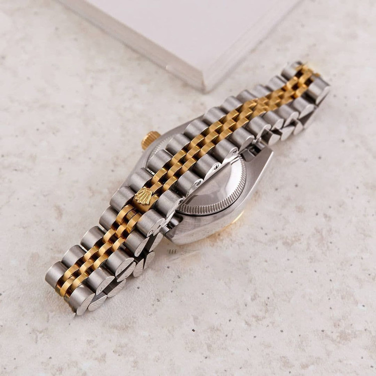 ❌شارژ مجدد Rolex Day-Date Set موتور ژاپن دارای روزشمار مارک رولکس بر روی قفل بند استیل رنگ ثابت شیشه کریستال (تلسکوپی) ضدآب