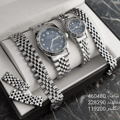 ❌شارژ مجدد Rolex Day-Date Set موتور ژاپن دارای روزشمار مارک رولکس بر روی قفل بند استیل رنگ ثابت شیشه کریستال (تلسکوپی) ضدآب